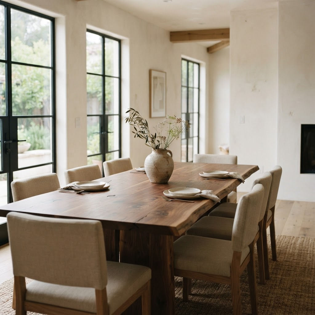 A long wooden dining table in a bright, warmly lit room